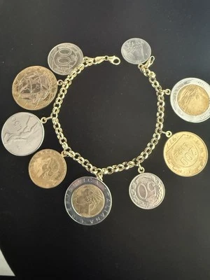 14k .585 Yellow Gold Milor Italy Lira Coin 7.5" Charm Bracelet Au 2445 - Image 1 of 4