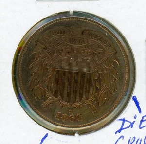 1864^^Two Cents Piece^^Large Motto^^Die Crack^^"Blocked" 1^^AU^^ - Picture 1 of 5