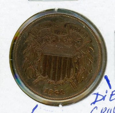 1864^^Two Cents Piece^^Large Motto^^Die Crack^^"Blocked" 1^^AU^^ - Image 1 of 4