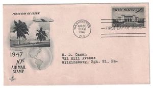 1947 FDC .10 CENT AIRMAIL STAMP AMERICAN CLIPPER OVER MIAMI ART CRAFT CACHET - Picture 1 of 1