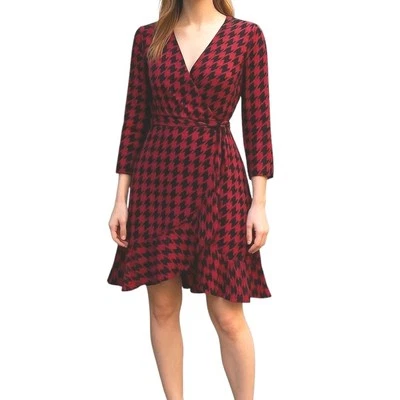 Vestido Danny & Nicole Imitación Envolvente Talla 16 Rojo Negro Pata de Gallo Alto Bajo Volantes Cinturón Foto 1 de 4