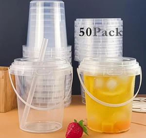 50er Pack Mini Getränkeeimer mit Deckel und Strohhalmen, Kunststoff Getränkeeimer mit Strohhalm - Bild 1 von 10