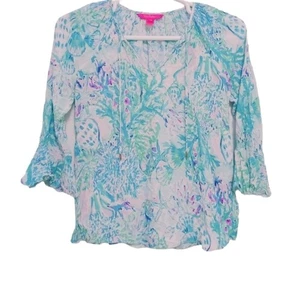 Lilly Pulitzer Amethyst Tint Willa Flounce Sleeve Top Self Tie Front Colorful - Picture 1 of 5