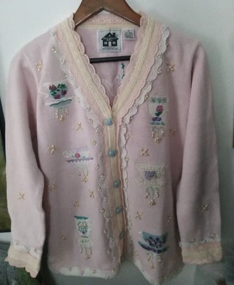 Cute STORYBOOK KNITS Pink Embellished Women Size Small S KNIT V-Neck Cardigan - Image 1 of 4