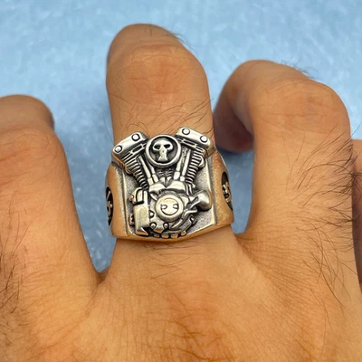 925 Sterling Silver Harley Davidson Skull Design Ring, Motorcycle Engine Design - Image 1 of 4