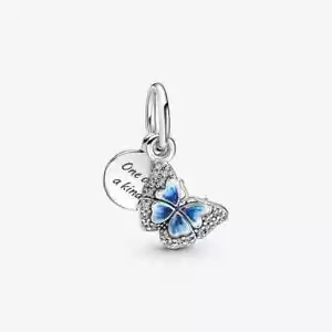S925 Silver Plated Blue Butterfly & Quote Double Dangle Charm For Bracelet - Picture 1 of 2