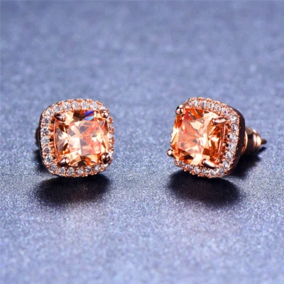 2ct Lab-Created Peach Morganite Halo Solitaire Stud Earrings 14k RoseGold Plated - Image 1 of 4