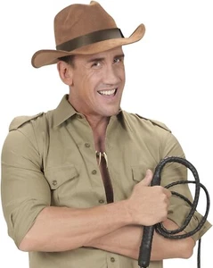 Adult Men's Safari Indiana Jones Explorer Jungle Fancy Dress Fedora Hat + Whip - Picture 1 of 4