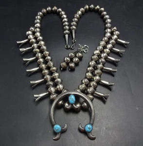 Conjunto de PENDIENTES COLLAR NAVAJO de plata esterlina turquesa flor de calabaza estilo antiguo - Imagen 1 de 19