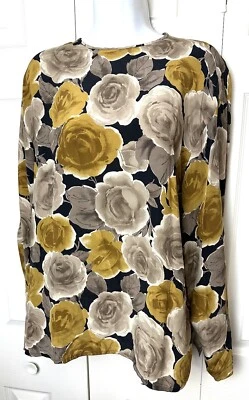 复古 MAX MARA 意大利 100% 真丝花卉衬衫上衣黑色象牙黄色 14 码 — 第 1/4 张图片