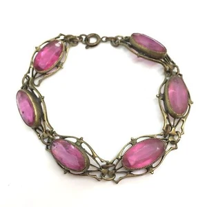 ANTIQUE VINTAGE PURPLE FACETED GLASS VICTORIAN BRASS BRACELET OPEN WORK LINK - Picture 1 of 16
