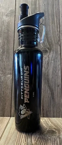 Brand New Pittsburgh Penguins Black Aluminum Drink Bottle w/ Sport Top & Clip Cover