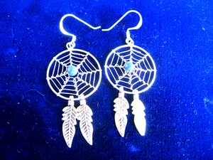 DREAM CATCHERS - EARRINGS 2” LONG, STERLING SILVER FISHHOOK TYPE - Picture 1 of 2
