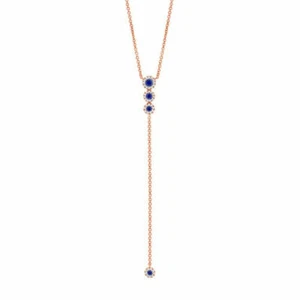 14K Rose Gold Blue Sapphire Diamond Lariat Necklace Natural Round Cut 0.34 CTW - Picture 1 of 2