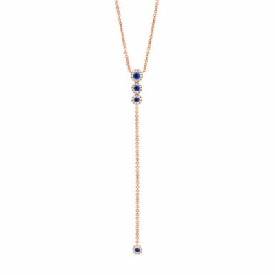 Collar Lariat Diamante Zafiro Azul Oro Rosa 14K Corte Redondo Natural 0.34 CTW Foto 1 de 2
