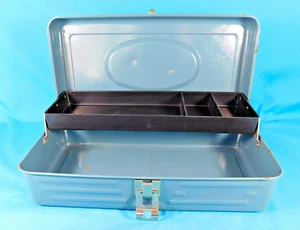 VINTAGE FISHING TACKLE BOX BLUE STEEL SINGLE LEVERED TRAY TRUE TEMPER - Picture 1 of 7