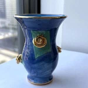 Mary Rose Young Studio Pottery Blue And Green Gold Rose Floral Vase Signed 1995 - Picture 1 of 10