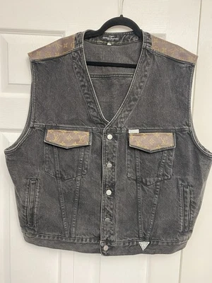 Guess By Georges Marcano Custom Black Denim Vest W/ LV Monogram Canvas Patches - Image 1 of 4