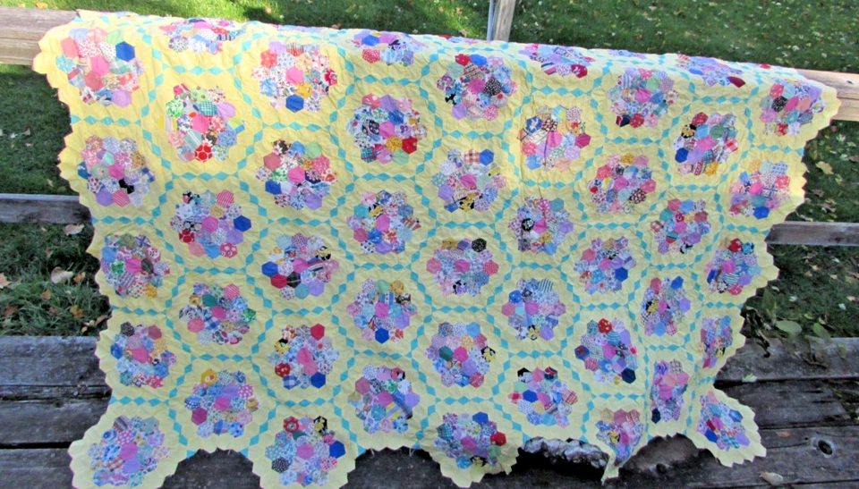 Antique Vtg Quilt Top Grandmothers Flower Garden Yellow 68" x 84" - Image 1 of 4