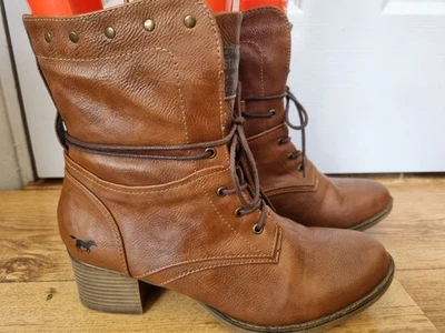 Mustang Womens Brown Heeled Leather Ankle Boots Size UK 7 Fleece Lining - Image 1 of 4
