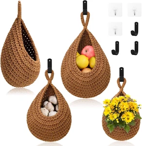 Hanging Fruit Baskets for Kitchen - 3 Pack Boho Wall Hanging Basket with 6 Pcs S - Picture 1 of 12