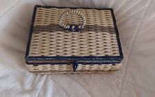  Vintage Beige Wicker Sewing Basket with Navy trim