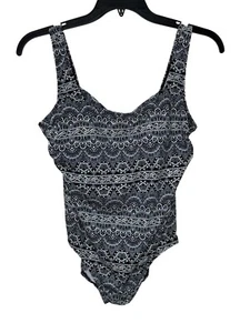 Vintage Robby Len One-Piece Swimsuit Criss Cross Back Black White Print Size 14 - Picture 1 of 10