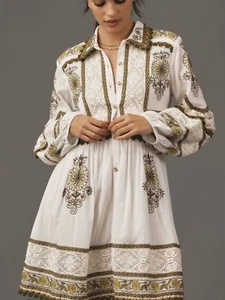 Anthropologie Maeve Long-Sleeve Embroidered Boho Mini Dress Green Cream Medium - Picture 1 of 14