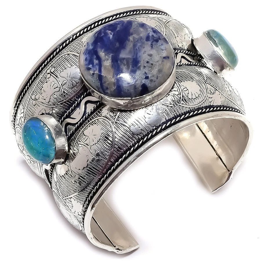 Браслет-манжета из серебра 925 пробы ручной работы с содалитом и опалом регулируемый R-853 - Изображение 1 из 1