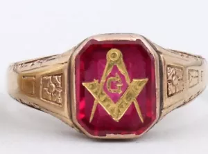 Antiguo Anillo Victoriano Oro Amarillo 10k Rubí Masónico Hombre Talla 9.5 - Imagen 1 de 6