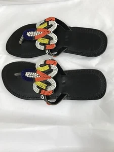African beaded hand made leather slippers flip flops Size 8 US - Picture 1 of 5