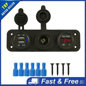 12V Dual-USB Switch Panel Cigarette Lighter Socket Charger Voltmeter Caravan Van - Picture 1 of 11