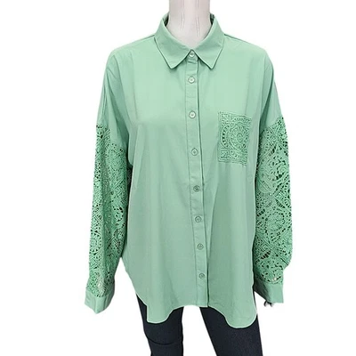 Женщин кнопка спереди Топ X-Large размер зеленый длинные рукава с кружевной деталь рубашка - Изображение 1 из 4