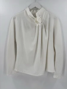 Vintage Sheer Blouse Womens Medium Large White Pleated High Neck Batwing Zip Up - Picture 1 of 22