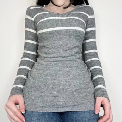 Y2K 2000s Grey Babydoll Long Sleeve Sweater Top Striped Preppy Coquette Size M - Image 1 of 4