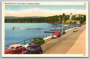 Long Lake Naples ME Postcard Maine speed boat dock linen 1940s Old Cars Card - Picture 1 of 2