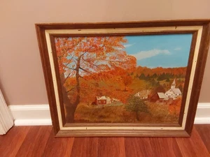 Dipinto olio autunnale vintage villaggio incorniciato firmato 21" x 17" ottime condizioni - Foto 1 di 8
