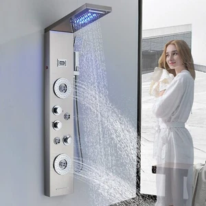 Ello allo Shower Panel Tower LED Rain&Waterfall Massage System Stainless Steel - Picture 1 of 12