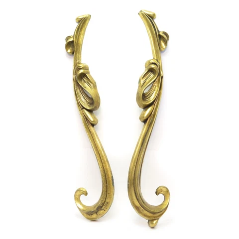 Pair 2 Mid-Century Architectural Salvage Cast Metal Brass Tone Scroll & Leaf 20" Cover