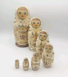 Vintage russische verschachtelte Matroschka Puppen 7-teiliges Set Silber Holz gebrannt handbemalt - Bild 1 von 16