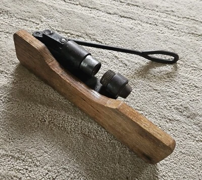 Hand Made Primitive Industrial Nut Cracker  Metal Piping Handle 1880 Wood Base - Image 1 of 4