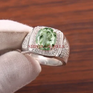 Natural Green Amethyst Gemstone With 14K White Gold Plated Silver Men Ring #1405 - Picture 1 of 11