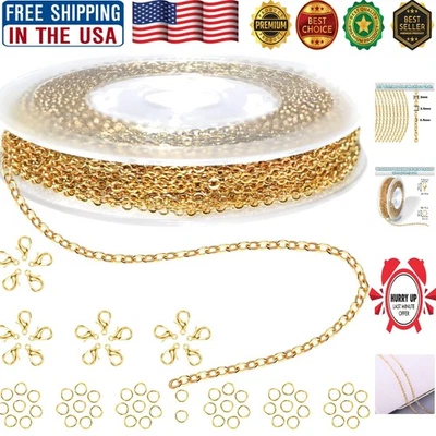 Cadena de acero inoxidable chapada en oro de 33 pies con cierres de langosta y anillos de salto Foto 1 de 4