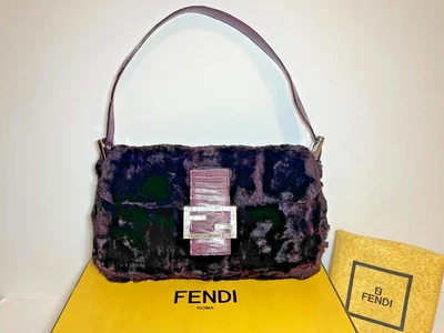 FENDI Dark Purple Fur Baguette Shoulder Bag /Lizard Skin & Silver Crystal Buckle - Image 1 of 4