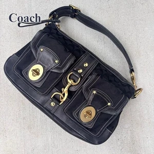 COACH Signature Legacy Flap Satchel One Shoulder Bag Black F/S 10342 stripe - Picture 1 of 15