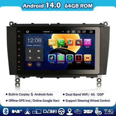 8" 64GB Carplay Android 14 Autoradio GPS Navi Mercedes CLK-Klasse W209 C209 A209 - Bild 1 von 4