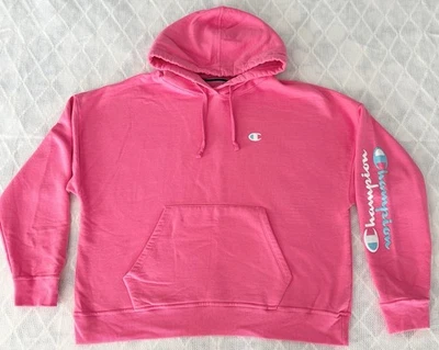 Champion Long Sleeved Hooded Sweatshirt Pink With Sleeve Logo Womens XL - Image 1 of 4