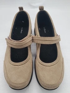 9 Medium, LL BEAN Shoes Women's Taupe  Leather Suede Mary Janes Hook Loop Strap - Picture 1 of 21