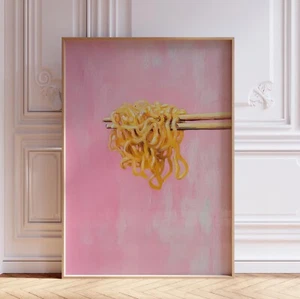 Pink Ramen Noodle Pasta on Chopsticks Japanese Kitchen Food Wall Art Print - Picture 1 of 6
