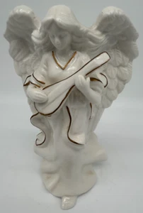 Milk Glass Ceramic Porcelain 7½" Angel~USED~White Trimmed In Gold Vintage - Picture 1 of 5